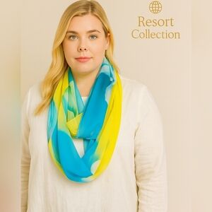 🌺 Silk Blend Infinity Scarf Sky Blue & Buttery Yellow Coastal Floral